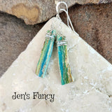 Natural Blue Opal Long Gemstone Earrings Sterling Silver Wire Wrapped Unique Jewelry