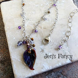 Amethyst Gemstone Drop Necklace Art Glass Leaf with Iolite Tiger Eye Sterling Silver Wire Wrapped
