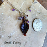Amethyst Gemstone Drop Necklace Art Glass Leaf with Iolite Tiger Eye Sterling Silver Wire Wrapped