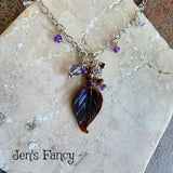 Amethyst Gemstone Drop Necklace Art Glass Leaf with Iolite Tiger Eye Sterling Silver Wire Wrapped