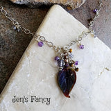 Amethyst Gemstone Drop Necklace Art Glass Leaf with Iolite Tiger Eye Sterling Silver Wire Wrapped