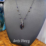 Amethyst Gemstone Drop Necklace Art Glass Leaf with Iolite Tiger Eye Sterling Silver Wire Wrapped