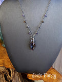 Amethyst Gemstone Drop Necklace Art Glass Leaf with Iolite Tiger Eye Sterling Silver Wire Wrapped