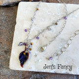 Amethyst Gemstone Drop Necklace Art Glass Leaf with Iolite Tiger Eye Sterling Silver Wire Wrapped