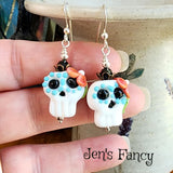 Sugar Skull Earrings Sterling Silver & Art Glass