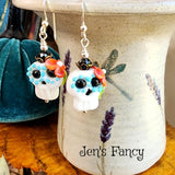 Sugar Skull Earrings Sterling Silver & Art Glass