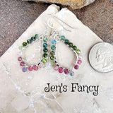 Tourmaline Natural Gemstone Earrings Sterling Silver Wire Wrapped Hoops