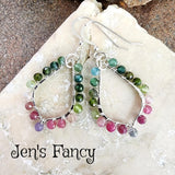 Tourmaline Natural Gemstone Earrings Sterling Silver Wire Wrapped Hoops