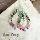 Tourmaline Natural Gemstone Earrings Sterling Silver Wire Wrapped Hoops