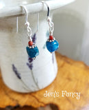 Apatite & Red Agate Earrings Bali Sterling Silver, Handcrafted Natural Gemstone Jewelry, Jen's Fancy, Gift for Her, Blue Gemstone Earrings