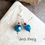 Apatite & Red Agate Earrings Bali Sterling Silver, Handcrafted Natural Gemstone Jewelry, Jen's Fancy, Gift for Her, Blue Gemstone Earrings