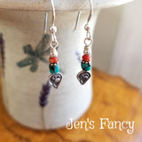 Dragon Skin Turquoise Earrings Bali Sterling Silver with Fossil Coral