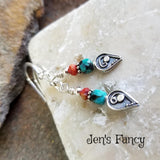 Dragon Skin Turquoise Earrings Bali Sterling Silver with Fossil Coral