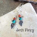 Dragon Skin Turquoise Earrings Bali Sterling Silver with Fossil Coral