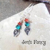 Dragon Skin Turquoise Earrings Bali Sterling Silver with Fossil Coral