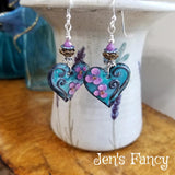 Floral Enameled Heart Earrings Sterling Silver