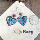 Floral Enameled Heart Earrings Sterling Silver