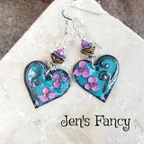 Floral Enameled Heart Earrings Sterling Silver