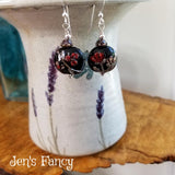 Floral Art Glass Earrings Garnet Gemstone & Sterling Silver