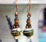 Green Swirl Ivory Art Glass Earrings Copper & Wood