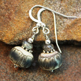 Grey Blue Ivory Art Glass Earrings with Labradorite Sterling Silver