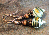 Green Swirl Ivory Art Glass Earrings Copper & Wood