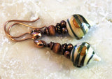 Green Swirl Ivory Art Glass Earrings Copper & Wood