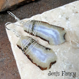 Blue Lace Agate Long Gemstone Earrings Sterling Silver Wire Wrapped