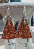 Floral Brown Leather Earrings Sterling Silver