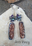 Floral Raku Earrings with Peacock Blue Keshi Pearls & Amethyst Sterling Silver