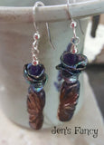 Floral Raku Earrings with Peacock Blue Keshi Pearls & Amethyst Sterling Silver