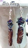Floral Raku Earrings with Peacock Blue Keshi Pearls & Amethyst Sterling Silver