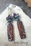 Floral Raku Earrings with Peacock Blue Keshi Pearls & Amethyst Sterling Silver