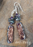 Floral Raku Earrings with Peacock Blue Keshi Pearls & Amethyst Sterling Silver