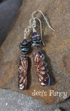 Floral Raku Earrings with Peacock Blue Keshi Pearls & Amethyst Sterling Silver