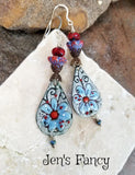 Blue & Red Floral Enameled Earrings Sterling Silver Brass