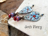 Blue & Red Floral Enameled Earrings Sterling Silver Brass