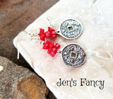 Chinese Dragon Coin Earrings Sterling Silver Red Coral Handcrafted Jewelry