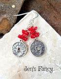 Chinese Dragon Coin Earrings Sterling Silver Red Coral Handcrafted Jewelry