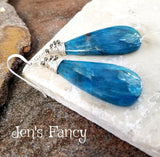 Blue Apatite Earrings Natural Gemstone Long Boho Sterling Silver Wire Wrapped