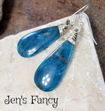 Blue Apatite Earrings Natural Gemstone Long Boho Sterling Silver Wire Wrapped