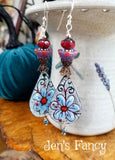 Blue & Red Floral Enameled Earrings Sterling Silver Brass