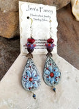 Blue & Red Floral Enameled Earrings Sterling Silver Brass