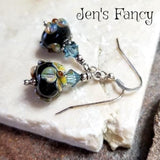 Floral Raku Art Glass Earrings Sterling Silver