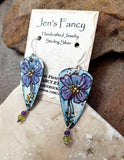 Floral Enameled Art Earrings Sterling Silver Amethyst & Peridot Natural Gemstone