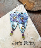 Floral Enameled Art Earrings Sterling Silver Amethyst & Peridot Natural Gemstone