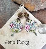 Dragonfly Enameled Earrings Floral Sterling Silver & Brass