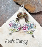 Dragonfly Enameled Earrings Floral Sterling Silver & Brass