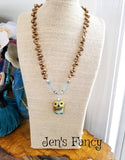 Owl Necklace Art Glass with Apatite & Petal Pearls Sterling Silver