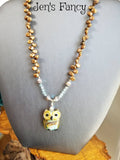 Owl Necklace Art Glass with Apatite & Petal Pearls Sterling Silver